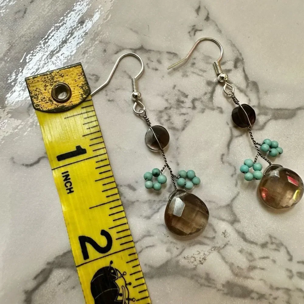 Smoky Quartz and turquoise dainty earrings